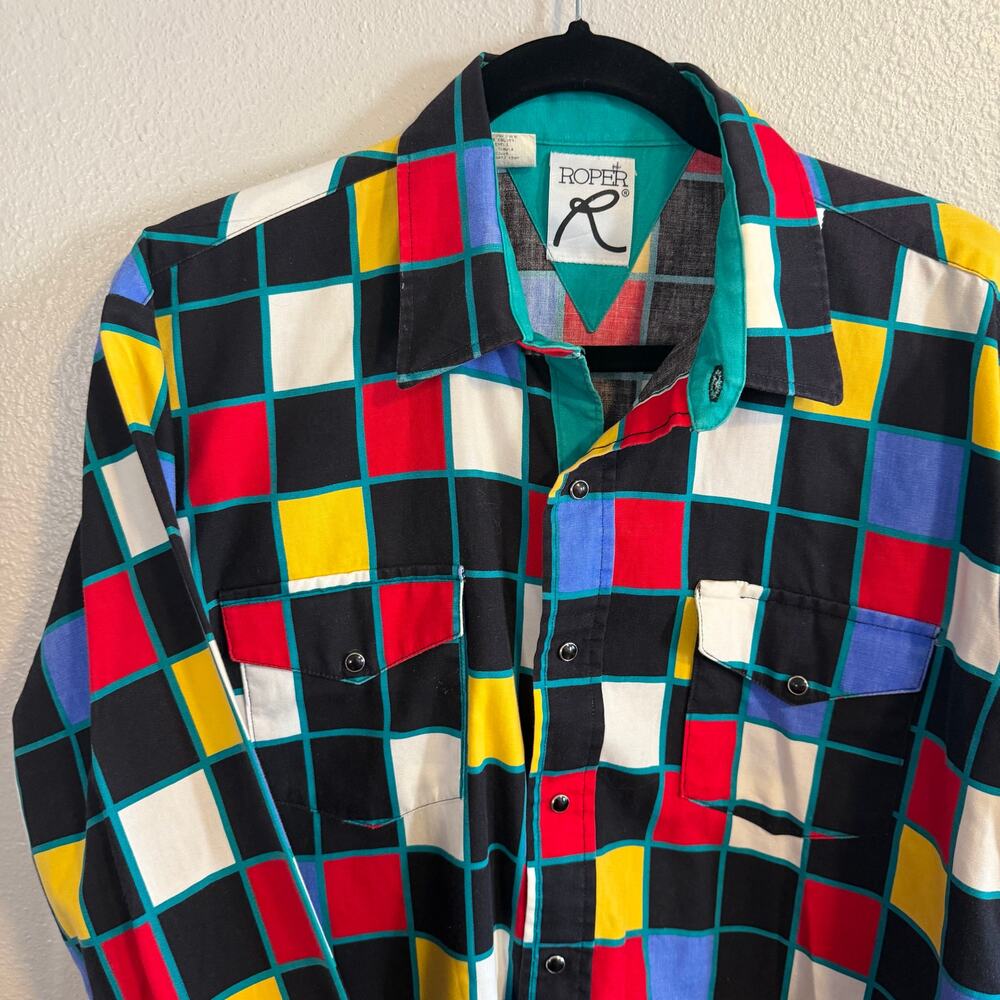 Vintage 80s Roper Western Long Sleeve Pearl Snap Shirt Checkered Multi Large